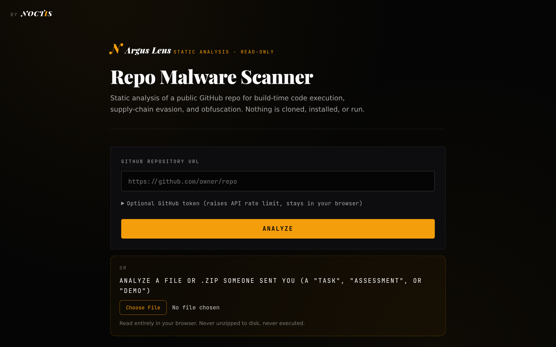 Argus Lens: paste a GitHub repo URL and get a static malware verdict without running anything.