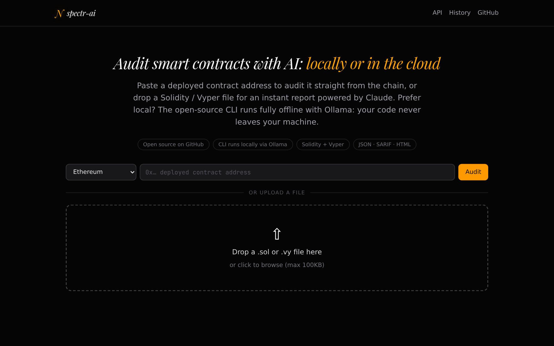 spectr-ai: paste a deployed contract address or drop a Solidity file for an instant AI audit report.
